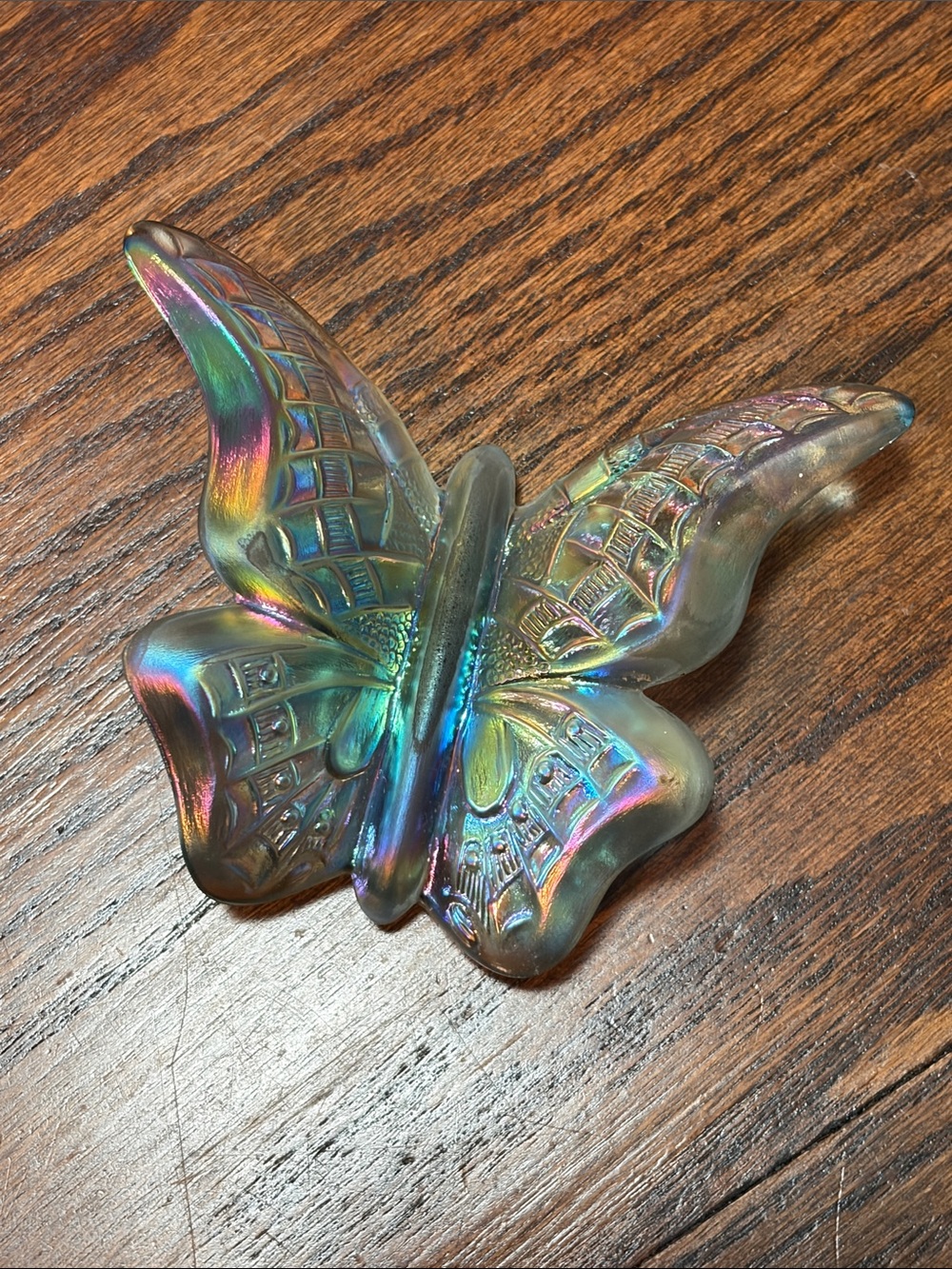 Fenton Iridescent Blue Green Glass Butterfly Stamped No Sticker